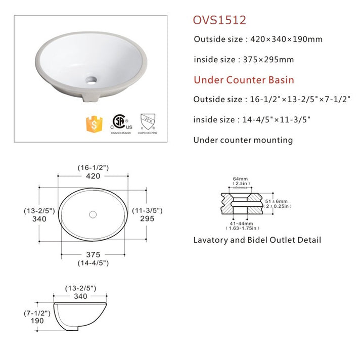 Crown Oval 16 Under Counter Basin Bathroom Sink