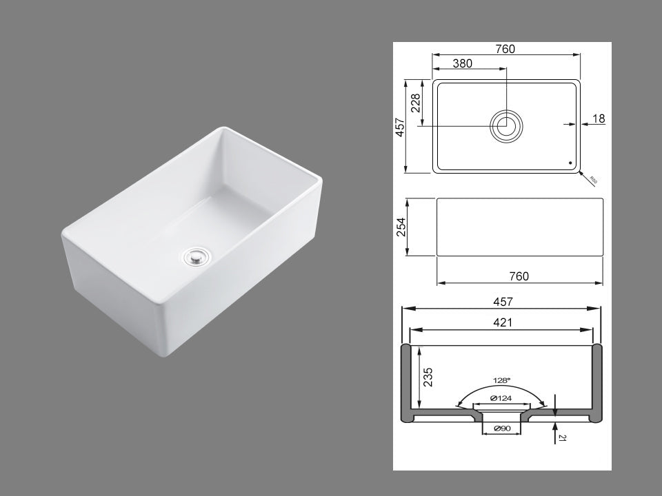 Terrano 30 Ceramic Farmhouse Bathroom Sink Undermount Deep Small Apron